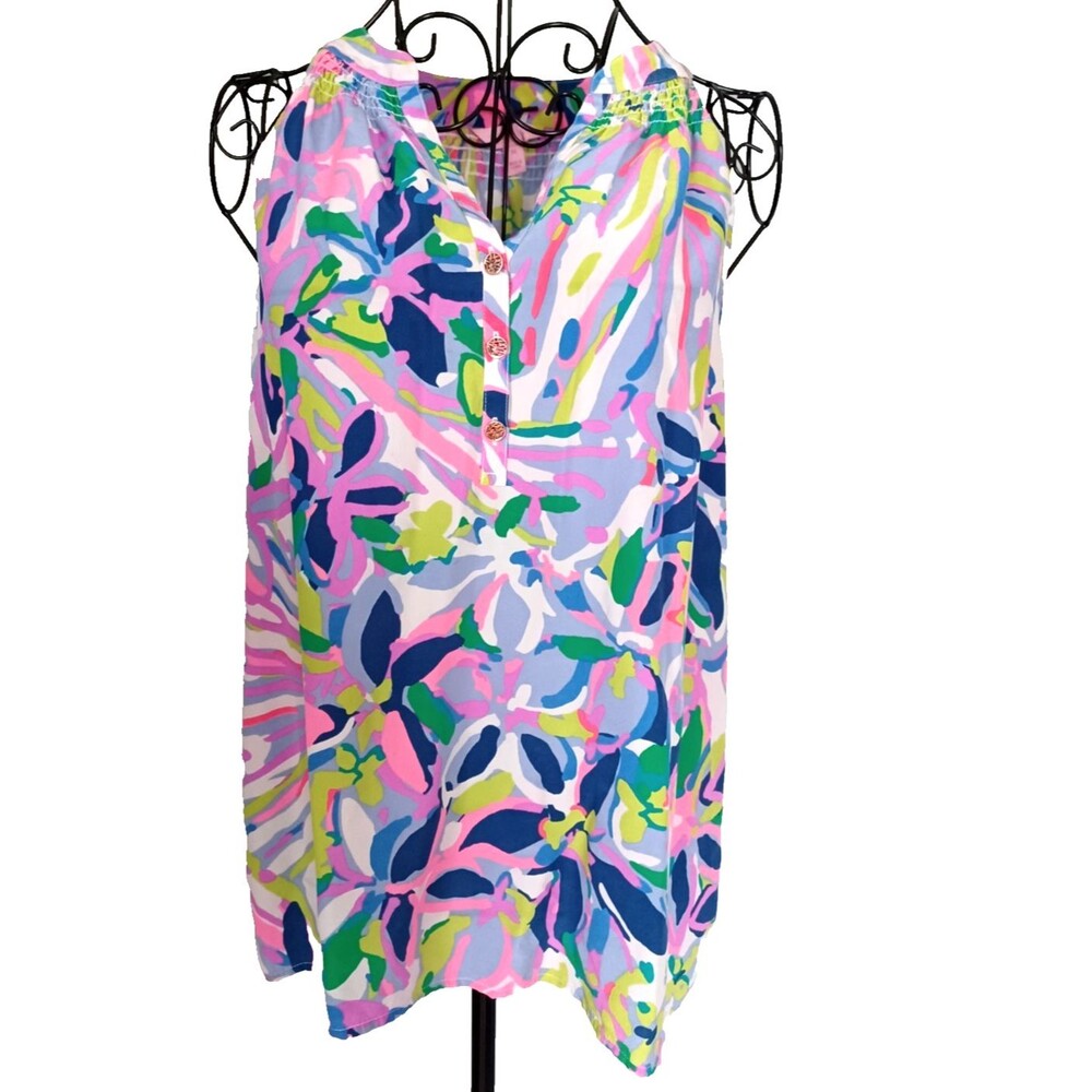 Lilly Pulitzer 100% SILK Top Womens Sz M Gathered Shoulders